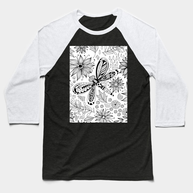 Dragonfly and flowers doodle Baseball T-Shirt by katerinamk